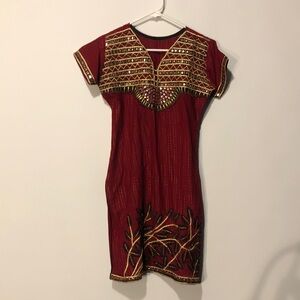 Elegant Red and Gold Embellished Tunic Dress